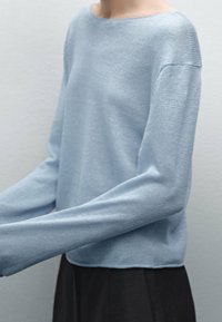 Light blue sweater made of a soft, textured fabric. Features a wide neckline and long sleeves, paired with a black, flowing bottom garment.