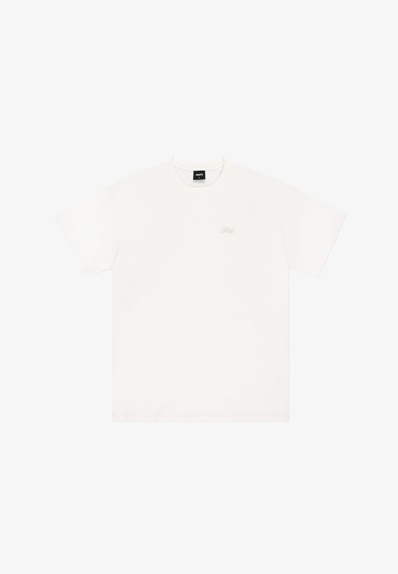 Biała koszulka z krótkim rękawem i okrągłym dekoltem, wykonana z miękkiej bawełny. Ozdobiona subtelnym logo w jasnym kolorze na przedniej części klatki piersiowej.