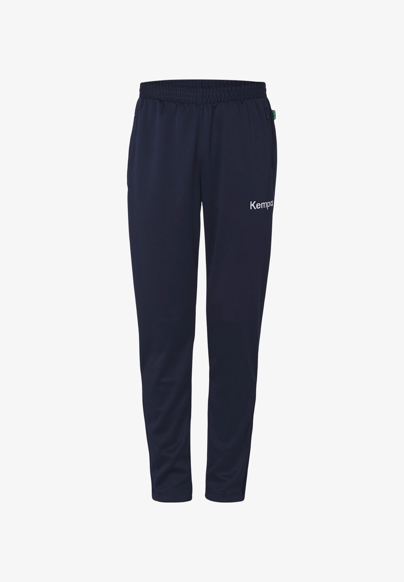 Pantalons de sport bleu marine avec taille élastique, fabriqués en tissu doux. Présente un logo discret sur la jambe gauche. Conception fuselée pour une grande liberté de mouvement.