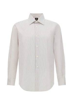 Svītrainā krekls ar garām piedurknēm, pogu aizdare, klasiskā apkakle, balta pamatne ar šaurām pelēkām svītrām, gluda tekstūra un pielāgota piegriezuma forma.