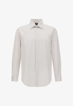 Črtasta srajca z dolgimi rokavi, z gumbom za zapiranje, klasičen ovratnik, bela osnovna barva z tankimi sivimi črtami, gladka tekstura in kroj, prilagojen telesu.