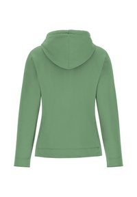 Sudadera con capucha en verde apagado, con mangas largas y diseño ajustado. Hecha de tela suave con una textura lisa.