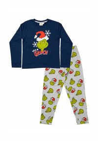 Set di pigiama in cotone con una maglia a maniche lunghe blu navy con una grafica del Grinch e pantaloni grigi con un motivo a faccine del Grinch ripetuto.