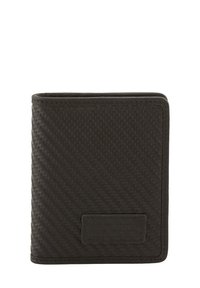 Zwarte portemonnee met een gestructureerd oppervlak, voorzien van een gladde rand en een rechthoekig patch, gemaakt van synthetisch materiaal. Compact en opvouwbaar ontwerp.