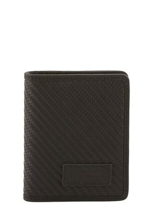 Black wallet with a textured surface, featuring a smooth border and a rectangular patch, made from synthetic material. Compact and foldable design.
