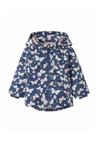 Marine regenjas met een capuchon, bloemen- en vlinderpatronen in pastelkleuren, vooraan met ritssluiting en elastische manchetten. Waterafstotend materiaal.