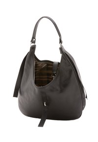 Borsa a spalla in pelle nera con forma hobo, dotata di un ampio interno foderato con un motivo a quadri e dettagli con tracolla regolabile.