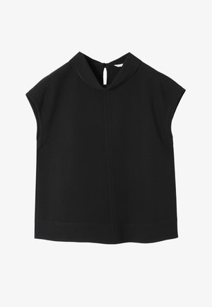 Zwarte korte mouw top met een hoge kraag, sleutelgatopening aan de achterkant en een rechte snit. Glad textuur, zonder patronen of accenten.