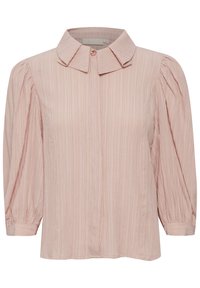 Blusa rosa chiaro realizzata in tessuto testurizzato, con un colletto piccolo, chiusura con bottoni e maniche a tre quarti a sbuffo.