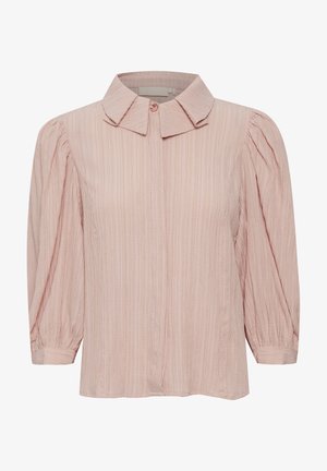 Light pink blouse made of textured fabric, featuring a small collar, button closure, and three-quarter puff sleeves.