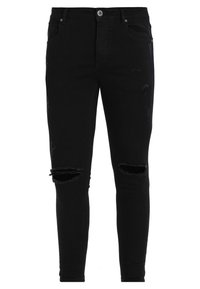 Svarta skinny jeans i denim med trasiga knän, klassisk knapp- och dragkedjesstängning samt fem fickor.