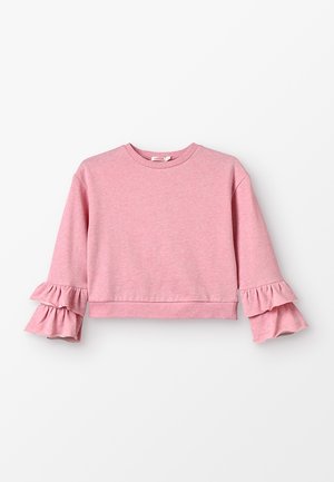 Ljust rosa crop sweatshirt i mjuk bomull, med ribbad halsringning och volangärmar som har två lager. Enkel och avslappnad design.