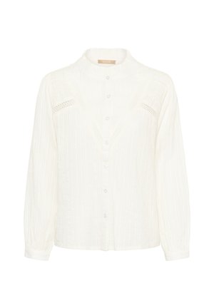 Chemise blanche à manches longues avec col montant, fermeture à boutons, rayures verticales et accents en dentelle sur la poitrine. Tissu en coton texturé.