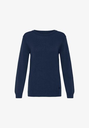 Navyblauer Strickpullover mit langen Ärmeln, Rundhalsausschnitt und geripptem Saum. Verfügt über ein kleines Logo auf der linken unteren Seite.