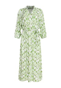 Langärmliges Kleid aus weißem Stoff mit großen grünen Blattmustern, ausgestattet mit einem Kragen zum Knöpfen und einem passendem Gürtel in der Taille.