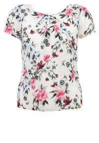 Floral short-sleeve top in white, featuring pink, blue, and black flowers. Includes a keyhole neckline detail and soft, smooth fabric.