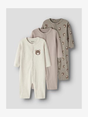 Three baby rompers: one cream with bear applique, one light pink, and one gray with bear pattern. Features snaps for easy dressing.