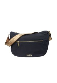 Borsa a tracolla nera con cerniera e logo dorati, caratterizzata da una tracolla beige regolabile con una design della mappa del mondo.