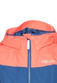 Hooded jacket featuring a pink and navy color block design, smooth texture, front zipper, and "TROLLKIDS" logo on the chest.