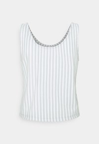 Haut sans manches avec un col arrondi, fabriqué en tissu léger, présentant des rayures horizontales blanches et gris clair et un intérieur à carreaux.