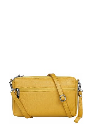 Gelbe Leder-Crossbody-Tasche mit strukturiertem Finish, silbernem Beschläge, verstellbarem Tragegurt und Reißverschlussfächern auf der Vorderseite.