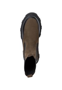 Brown suede ankle boot with elastic side panels, rounded toe, and chunky black rubber sole. Features a pull tab at the back.