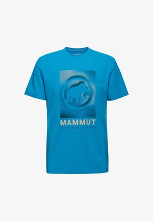 Niebieska bawełniana koszulka z grafiką mamuta w okrągłym wzorze, z beżowym napisem "MAMUT OD 1862" na dole.