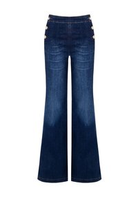 Jean flare en denim bleu foncé avec une taille haute, présentant quatre accents de boutons à la taille et un dégradé subtil sur les jambes.