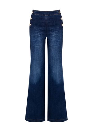 Dunkelblaue Schlagjeans mit hoher Taille, die vier Knopfakzente am Bund und subtile Ausbleichungen an den Beinen aufweisen.