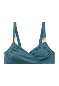 Teal bikiniöverdel med omslagdesign, justerbara axelband och metalliska detaljer. Tillverkad av slät, töjbar tyg.