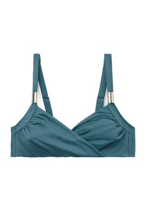 Haut de bikini teal avec un design croisé, des bretelles ajustables et des détails en métal. Fabriqué en tissu lisse et extensible.