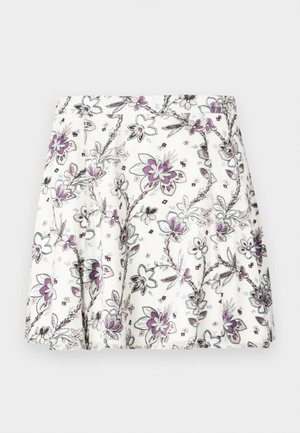 Floral-patterned skirt with a white background, featuring purple and black leaves. Pleated design with a smooth texture, knee-length.