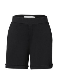 Pantaloni shorts neri in cotone con una ampia cintura elasticizzata, dotati di risvolti e una texture liscia, progettati per comfort e abbigliamento informale.