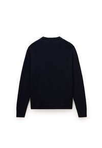 Jersey negro de punto de manga larga con puños, bajo y cuello de canalé, mostrado por detrás sobre fondo blanco.