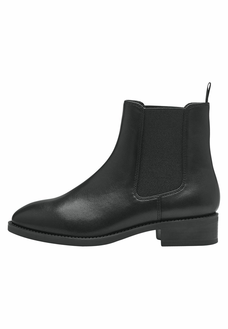 Schwarze Leder-Ankle-Boots mit elastischen Seiteneinsätzen, abgerundeter Spitze, strukturiertem Finish und niedrigem Blockabsatz. Verfügt über eine Zuglasche an der Rückseite.