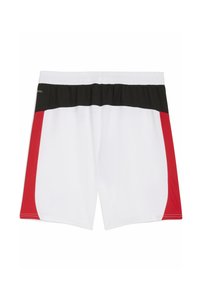 Shorts de bain pour homme blancs avec des panneaux latéraux noirs et rouges. Ceinture élastique et texture lisse ; adaptés aux activités aquatiques.