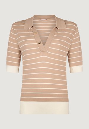 Haut tricoté à manches courtes avec rayures horizontales beige et blanches, col en V et deux boutons décoratifs dorés sur la patte de boutonnage.