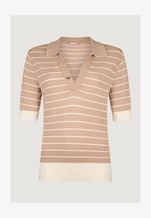 Beige-wit gestreept, horizontaal gebreid topje met korte mouwen, een V-halskraag en twee decoratieve gouden knopen op het knoopsluitstuk.