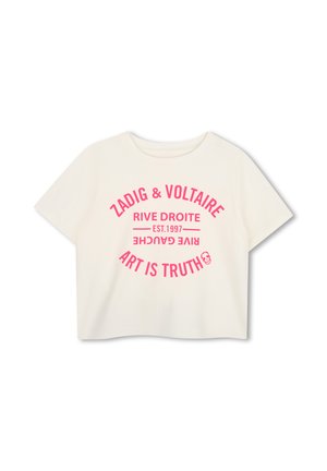 T-shirt court blanc à manches courtes avec texte rose "Zadig & Voltaire," "Rive Droite," "Est. 1997," "Rive Gauche," et "Art is Truth" avec un petit crâne.