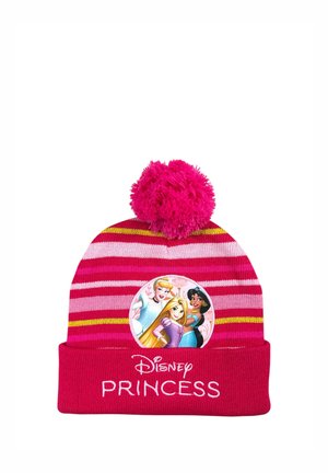 Cappello di maglia a righe rosa e rosso con pon pon, con principesse Disney e testo "Disney Princess" ricamato sul polsino.
