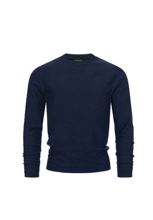 Marineblauwe longsleeve trui met ronde hals, gemaakt van zacht materiaal, met een aansluitend ontwerp en geribbelde manchetten en halslijn.