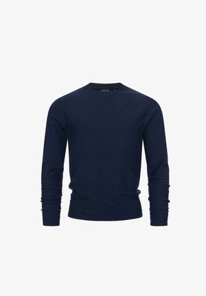 Maglione a maniche lunghe blu navy con scollo rotondo, realizzato in tessuto morbido, presenta un design aderente e polsini e scollo a coste.