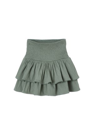 Green, tiered skirt made from textured fabric. Features a smocked waistband and three ruffled layers. Short length suitable for casual wear.