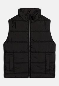 Piumino nero imbottito con alto colletto, chiusura anteriore con zip e tasche laterali. Realizzato in materiale lucido e liscio con dettagli di cucitura orizzontale.