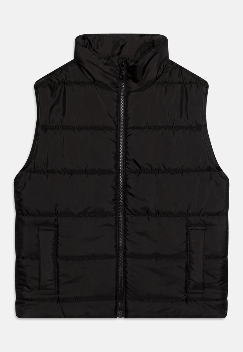 Gilet rembourré noir avec col montant, fermeture éclair à l'avant et poches latérales. Fabriqué en matériau brillant et lisse avec des détails de surpiqûres horizontales.