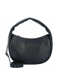 Borsa a spalla in pelle nera con forma arrotondata, manico imbottito spesso, chiusura con zip e tracolla removibile. Presenta dettagli in hardware argentato.