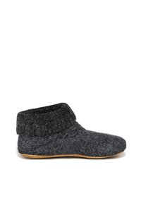 Pantofole in lana grigia lavorata a maglia con risvolto basso e una morbida suola in suede, caratterizzate da un tessuto testurizzato e un design a punta arrotondata.
