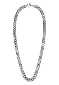 Collana di catena metallica, colore argento, grandi anelli interconnessi, texture liscia, con un fermaglio a artiglio sicuro per la chiusura.