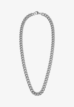 Fém lánc nyaklánc, ezüst színű, nagy összekapcsolódó karikákból áll, sima felülettel, biztonságos kampós zárómechanizmussal.