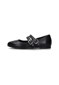 Ballerine in pelle nera con punta tonda, dotate di due cinturini con fibbie e fori, che offrono una suola piatta per il massimo comfort.